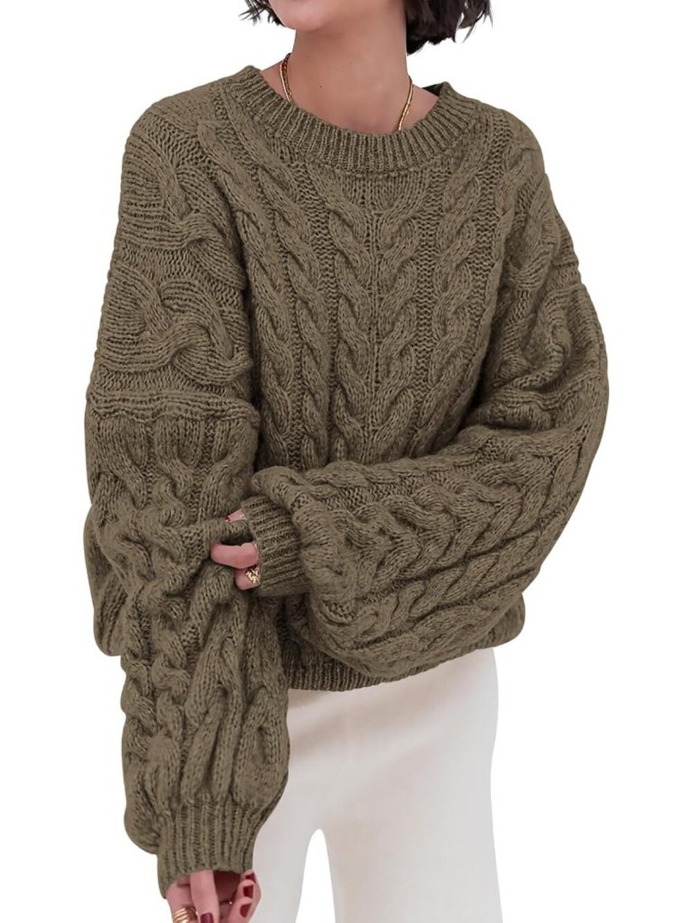 Women's Brown Coffee Cable Knit Long Sleeve Crewneck Oversized Chunky Sweaters